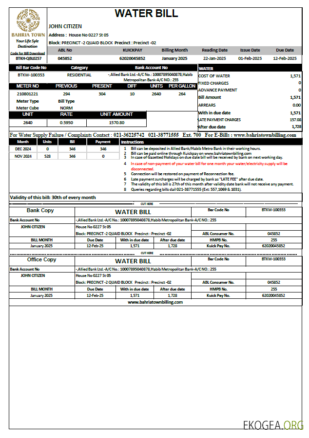 Pakistan Bahria Town utility bill template in Word and PDF formats